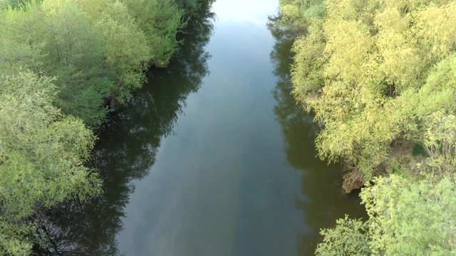Spring low level flight above river with broadleaf trees on both banks