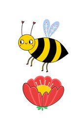 A cute bee flies over a beautiful bright flower. Children's illustration isolated on a white background.
