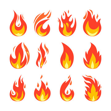 Fire icons set. Simple illustration of fire in flat style. Isolated on white. Collection of hot cartoon light effect elements for web, game, design, app. Vector illustration