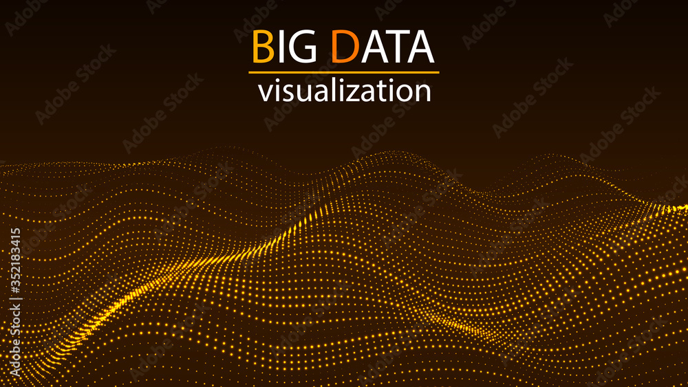 Aufkleber Big data visualization. Digital wave of particles. Technology background of many glowing particles. Artificial intelligence. Futuristic yellow dots background.