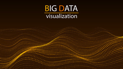 Big data visualization. Digital wave of particles. Technology background of many glowing particles. Artificial intelligence. Futuristic yellow dots background.