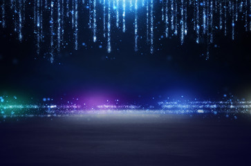Empty table in front of blue and silver glitter lights background. For product display montage