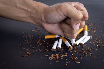 Male hand destroying cigarettes on black background.stop smoking concept. world no tobacco day