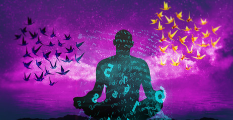 artificial intelligence concept illustration, silhouette of digital man practicing meditation