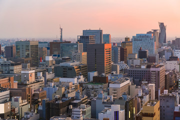 Aerial view of Nagoya cityscape with beautiful sunset