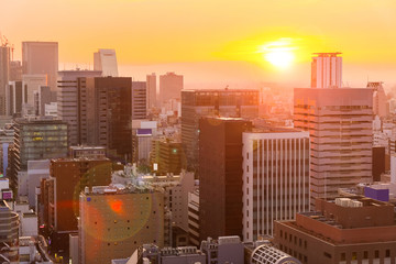 Obraz premium Aerial view of Nagoya cityscape with beautiful sunset