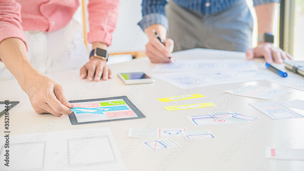 Wall mural creative web designer planning application and developing template layout, framework for mobile phon