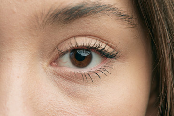 Beautiful eye, close-up, Caucasian girl, with a sad emotion on her face.