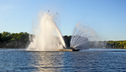 beautiful large fountain in the form of a swan on a lake in sunny weather