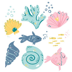 Set with cute sea fish and creatures. Cartoon illustration with underwater animals. Summer, beach and sea elements.