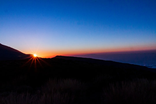 A Veiw Of The Sun Setting Behind Mount Teide On Tenerife