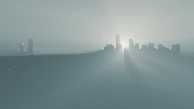Statue of Liberty and skyline of New York City, Manhattan island, New York City, USA, minimal animation of skyscrapers at foggy morning with title, aerial view. 