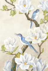 Fototapety  Akwarela, rysunek ptaków na kwitnącej gałęzi magnolii. Kwitnąca gałąź magnolii z białymi kwiatami. Dwa ptaki na gałęzi. Akwarela malarstwo natury.