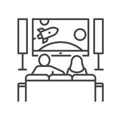 Young couple sitting on sofa and watching TV black line icon. Indoor view of living room with furniture. Home leisure. Vector isolated illustration. Editable stroke.