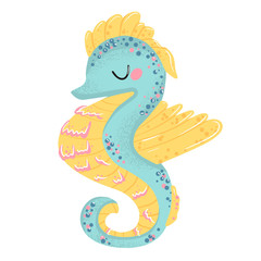 Cute cartoon blue seahorse. Isolated vector illustration. Handdraw doodle. Sea and ocean animals