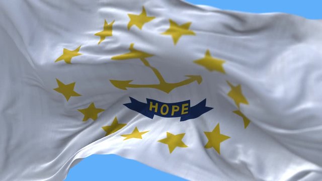 4k Rhode Island flag;State in United States America;cloth texture slow seamless loop waving with visible wrinkles in wind USA sky background.A fully digital rendering;animation loops at 20 seconds.