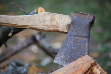 The axe on a log in the village
