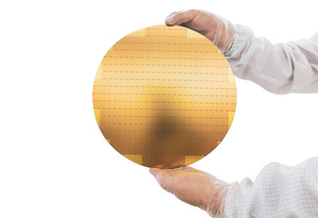 Hands in white gloves holding a silicon wafers for inspection, semiconductor.  White background - obrazy, fototapety, plakaty