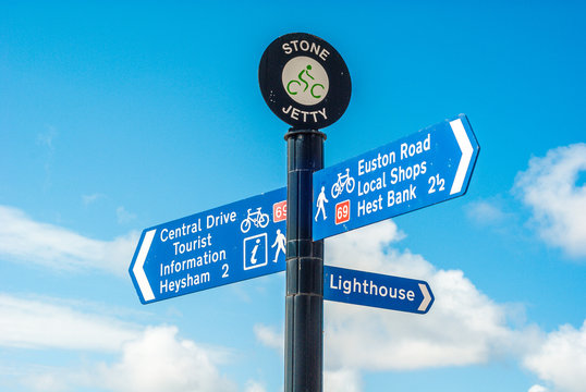 Morecambe Stone Jetty signpost showing walking and cycling routes