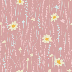 Meadow flowers and leaves. Vector seamless pattern with pink background