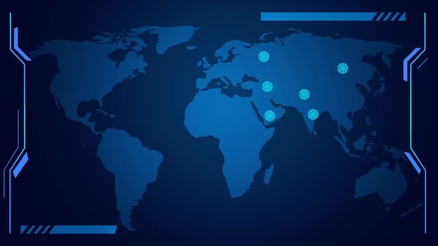 World Map Communication Technology Screen Seamless Background Loop in 4K. Futuristic Huds Communication point on the map of world