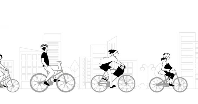 People riding bike on the street. 2d, animation, cartoon, illustration, clip art, vector. Web banner in black and white. Alpha channel.