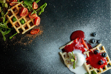 Fresh baked sweet and salty Belgian waffles, top down view. Savory waffles. Breakfast concept
