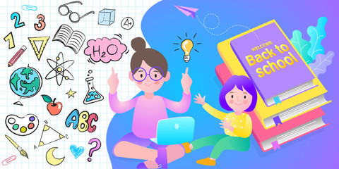 Online education concept. Cartoon children playing. Welcome back to school. Cute school kids. Flat design pattern with child.