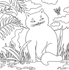 jungle forest cat mysterious seat leaves fern trees  coloring page book black and white art therapy relax