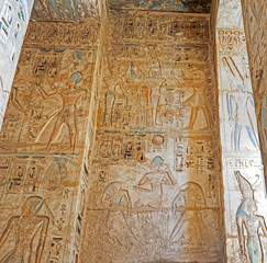 Hieroglyphic carvings on an ancient egyptian temple wall