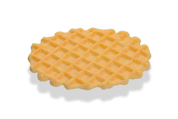Round baked sweet waffle isolated on a white background