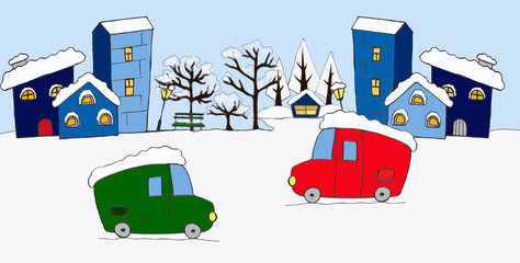 Winter street, Christmas atmosphere. Houses in the snow, cars, lights in the windows. Illustration in festive colors: red, blue, green, white.