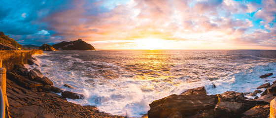 Panoramic of the sunset in the sea of the city of San Sebastián, Gipuzkoa. Basque Country