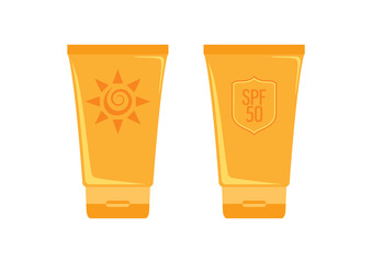 Sunscreen orange tube icon set vector. Orange tube of sunscreen icon isolated on a white background. Sunscreen with sun symbol vector