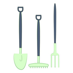 A set of garden tools. Shovel, rake, pitchfork