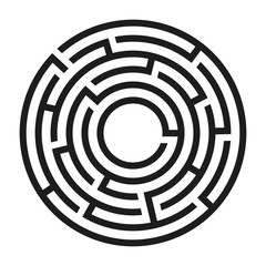 Black circle vector maze isolated on white background. Black round labyrinth with one entrance and target. Vector maze icon. Labyrinth symbol. Circle puzzle with one solution