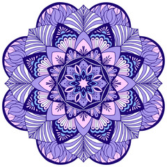 Ornamental mandala with floral elements, leaves and a simplified sun. Vector illustration