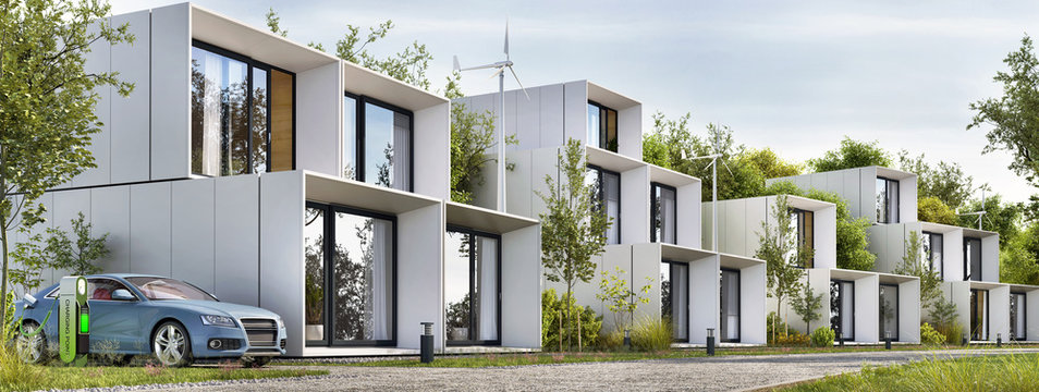 Modular houses of modern architecture and an electric car