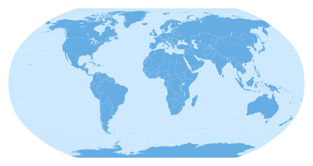 World map in Robinson projection (EPSG:54030). Detailed vector Earth map with countries’ borders and 5-degree grid. - obrazy, fototapety, plakaty