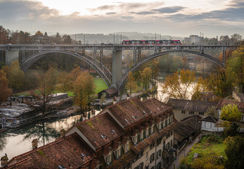 View of the Kirchenfeld Bridge (Kirchenfeldbruecke) over the river Aare in Bern, Switzerland. It connects the Casino Square (Casinoplatz) in the Old town with Helvetia Square (Helvetiaplatz) in Kirche