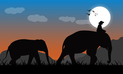 silhouette image Black elephant with Elephant mahout walking at the forest with mountain and Moon background Evening light vector Illustration