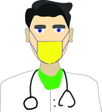 A doctor is wearing the face mask along with his lab coat and medical equipment.