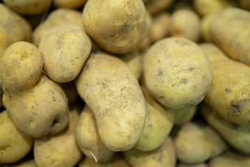 fresh potatoes standing at the market counter
