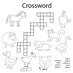 Solve the Crossword on the theme pets, crosswords puzzle game for children of any age. Activity worksheet rural animals printable version. Vector hand drawn illustration. Kids black and white activity