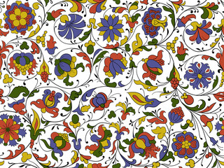 Ancient ornament with flowers and leaves. Seamless floral pattern. Vector illustration.