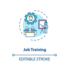Job training concept icon. Professional education. Company employers mentoring thin line illustration. Career coaching service. Vector isolated outline RGB color drawing. Editable stroke
