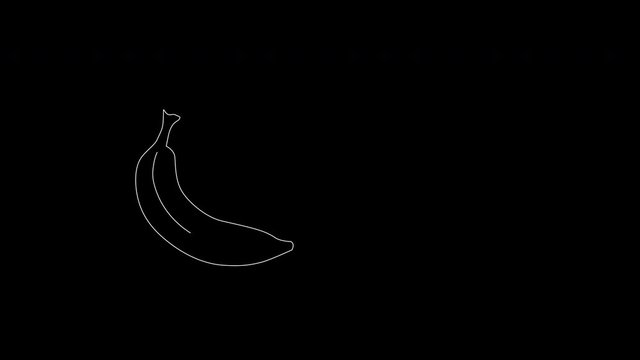Self drawing animation of banana outline. Copy space. Black background.