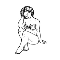 Girl plus size sitting in bikini, , hand drawn doodle, drawing in gravure style, sketch illustration