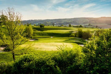 Obraz premium spring looking grassland, small gold course and flowers with sunrays in the sunrise