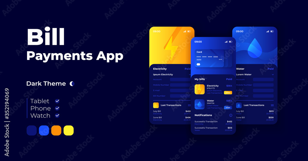 Poster bill payment cartoon smartphone interface vector templates set. mobile app screen page night mode de
